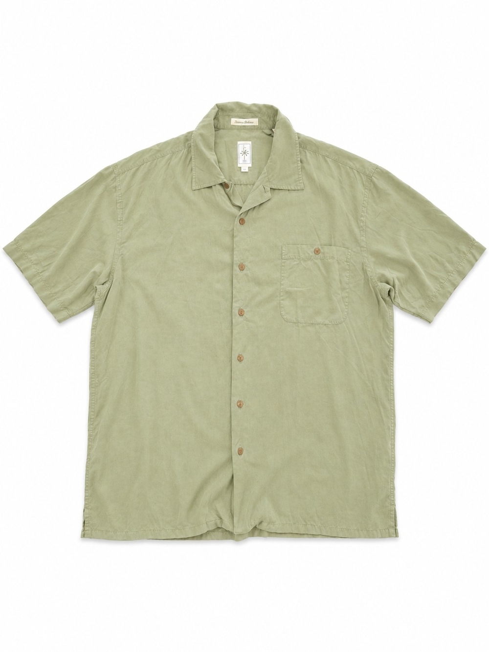 100% Silk Short Sleeve Button-Up Shirt in Sage Green Size Large